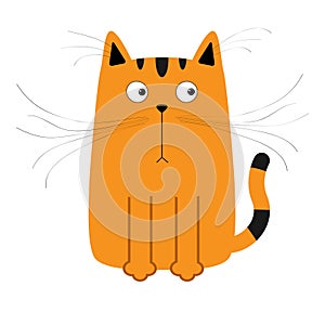 Cute red orange and black cartoon cat. Big mustache whisker. Funny character. Flat design. White background. Isolated