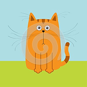 Cute red orange cartoon cat. Big mustache whisker. Funny character. Sky and grass. Flat design.