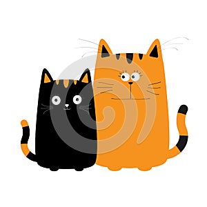 Cute red orange cartoon cat boy and black kitty girl. Big mustache whisker. Funny