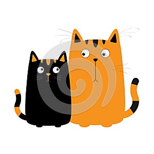 Cute red orange cartoon cat boy and black kitty girl. Cat couple on date. Big mustache whisker. Funny character set. Happy family