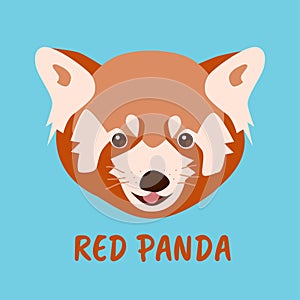 Cute red panda muzzle on blue background. Realistic flat furry panda head or face, funny avatar icon