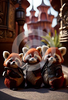 Cute red pandas on the background of Disneyland. AI Generated