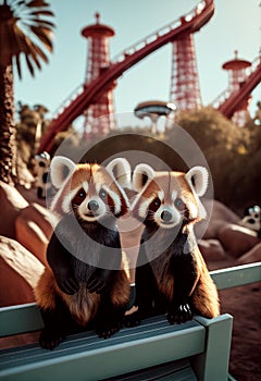 Cute red pandas on the background of Disneyland. AI Generated