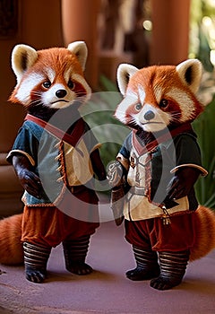 Cute red pandas on the background of Disneyland. AI Generated