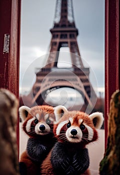 Cute red pandas in front of the Eiffel Tower. AI Generated