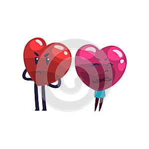 Cute red and pink hearts characters quarreling, funny couple in lov, family conflict cartoon vector Illustration