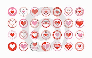Cute red and pink isolated pointy heart shape symbols circle assorted emblem stamps icons set design elements on white