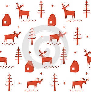 Cute red reindeer, pine, forest house pattern for winter holiday wrapping paper, fabric. Funny Christmas woodland deer background
