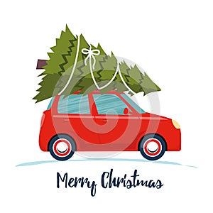 Cute red retro car with christmas tree on the roof. Merry christmas and happy new year greeting card, postcard, poster, banner,