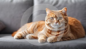 Cute Red Scottish Fold Cat: Relaxed on Sofa, Gazing Straight