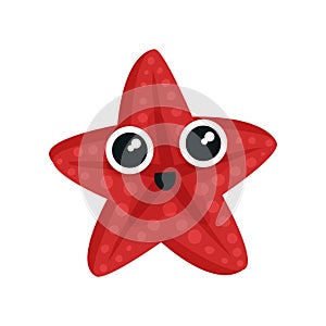 Cute red sea star with big shiny eyes. Adorable marine creature. Small aquatic animal. Flat vector for kids t-shirt