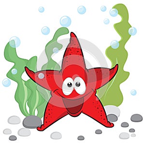 Cute red smiling sea star with shiny eyes on under the sea background.