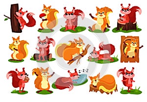 Cute Red Squirrel as Fluffy Forest Creature with Bushy Tail Engaged in Different Activity Big Vector Set