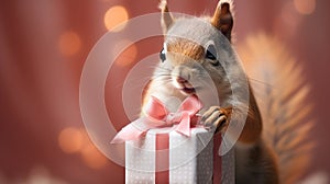 Cute red squirrel with gift box on blurred lights bokeh background