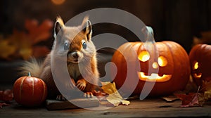 Cute red squirrel with pumpkins jack-o-lantern on autumn leaves background