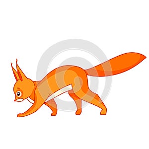 Cute red squirrel walking. Cartoon character of a small mammal animal. A wild forest creature with red, orange fur. Side