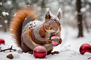 Cute red squirrel in the winter forest with Christmas balls