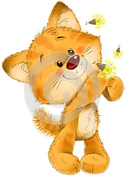 The cute red striped kitten with glowworm, firefly bugs, greeting card illustration