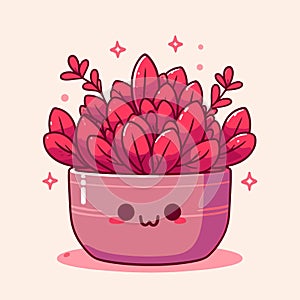 Cute red succulent in a flower pot, cute kawaii plant icon, vector illustration in cartoon style, generative ai