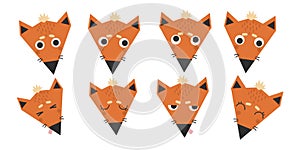 Cute red triangular foxes, face set with emotions, vector