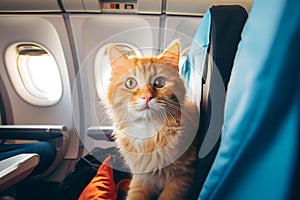 cute red and white cat on blue seat in an airplane travel and transportation pets concept pet friendly