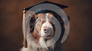 Cute red white dog Border Collie student in academic cap with brown tassel Mortarboard Study and education concept generative AI