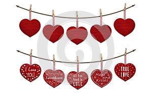 Cute red wooden hearts hanging on clothes pegs, blank and decorated with text I love you