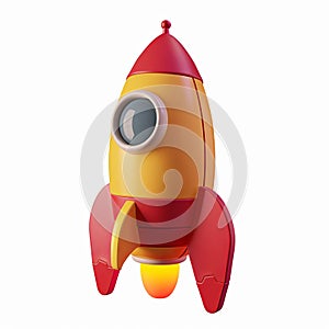 a cute a red and yellow toy rocket with a white background