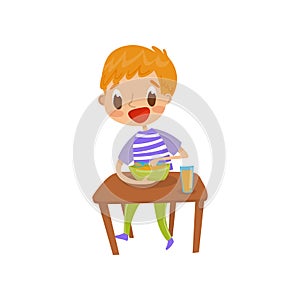 Cute redhead boy eating soup on the dining table vector Illustration isolated on a white background