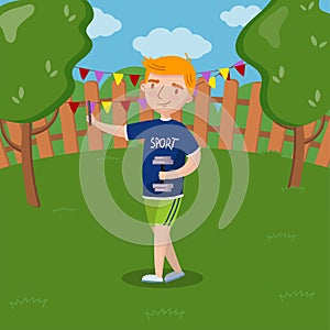Cute redhead boy making selfie photo in the garden, summer landscape vector Illustration