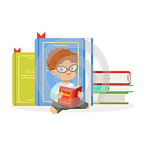 Cute redhead boy reading a book next to a pile of books, kid enjoying reading, colorful character vector Illustration