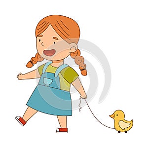 Cute Redhead Girl Pulling Toy Duck by String Having Fun On Her Own Enjoying Childhood Vector Illustration