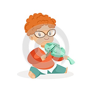 Cute redhead little boy playing violin, young musician with toy musical instrument, musical education for kids cartoon