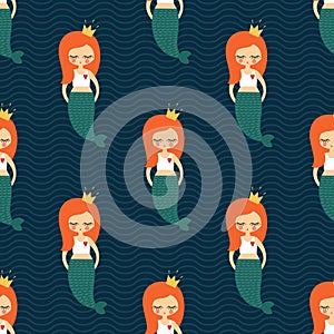 Cute redhead mermaid girl seamless pattern on dark blue waves background.