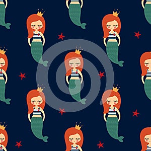 Cute redhead mermaid girl with starfish seamless pattern on dark blue background.