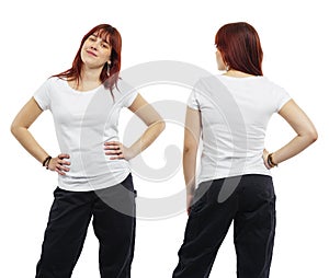 Cute redhead posing with blank white shirt