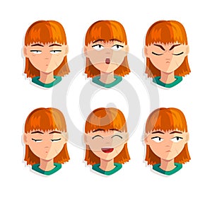 Cute Redhead Woman Head with Different Facial Expression Vector Set