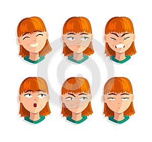 Cute Redhead Woman Head with Different Facial Expression Vector Set