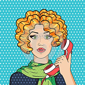 Cute redhead woman talking on the phone pop art comic style vector illustration, vintage redhead girl in green scarf