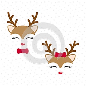 Cute reindeer. Baby deer. Merry Christmas cartoon character. Boy with bow tie and girl with red bow.