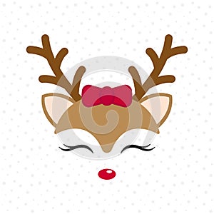 Cute reindeer. Baby deer. Merry Christmas cartoon character. Girl with red bow.
