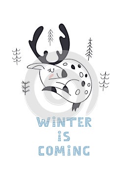 Cute reindeer. Baby deer. Merry Christmas cartoon character. Winter is coming. Vector lettering. Scandinavian style.