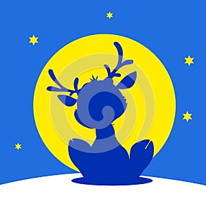 Cute Reindeer Cartoon Vector Silhouette on Snow, Night Moon Scene