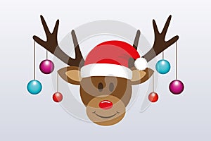 Cute reindeer with christmas tree balls and santa hat