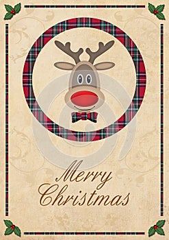 Cute reindeer in circle with red plaid pattern, on old paper background and test merry christmas, christmas card design