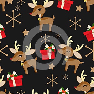 Cute Reindeer with gift box and Merry Christmas text seamless pattern.