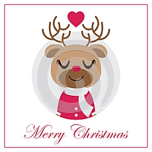 Cute reindeer girl in circle frame vector cartoon illustration for Christmas card design
