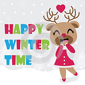 Cute reindeer girl is happy in winter time vector cartoon illustration for Christmas card design