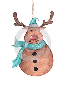 Cute reindeer hanging on string. Watercolor Christmas card