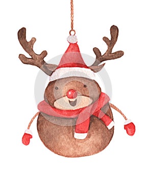 Cute reindeer hanging on string. Watercolor Christmas card